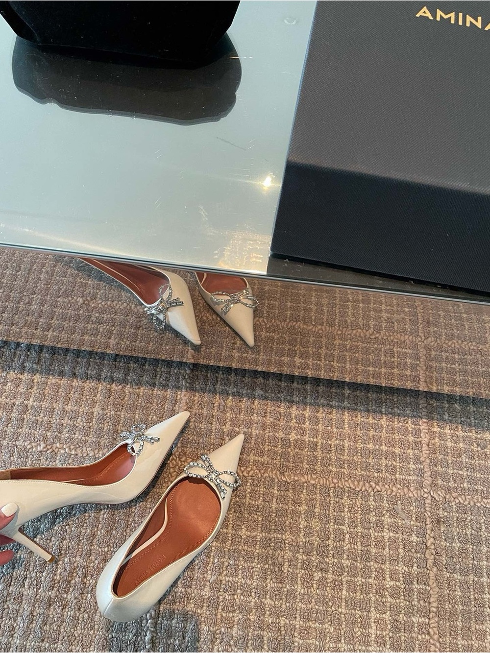 Amina Muaddi White Patent Pointed Pump with Crystal Bow - Picture 5 of 9